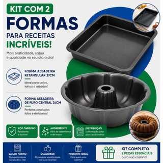 Kit 2 Pecas Assadeira Forma Retangular Bolos 37 Cm + Forma Redonda Com Furo Bolo Pudim Torta