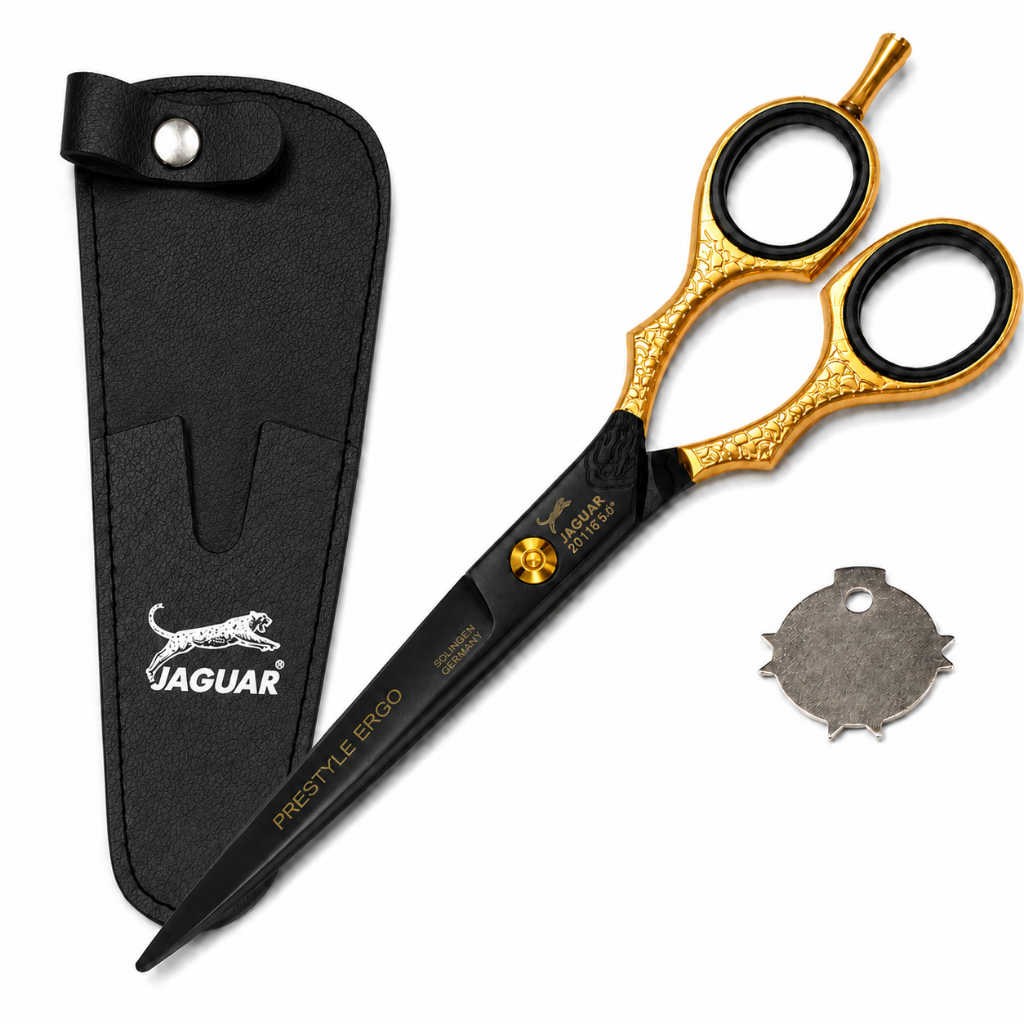 Tesoura Profissional Jaguar Preta com Dourado 6.5 Fio Laser Ergo Barbeiro Cabelereiro
