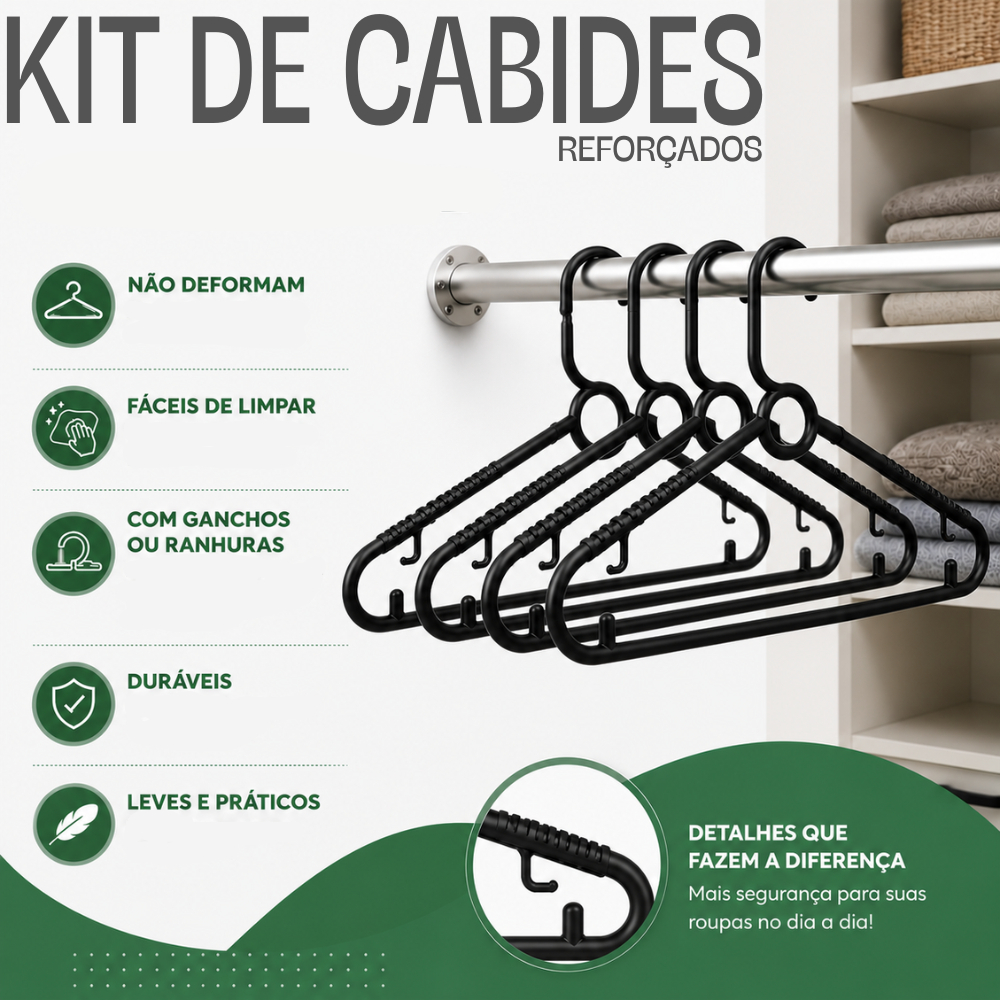 Kit com 10/12/15/20/25/30/50 Cabides Cor Preto Reforçado para Roupa