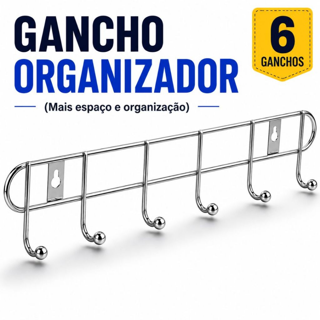 Cabide de Parede Multiuso 6 Ganchos Organizador Aço Inox Para Pendurar