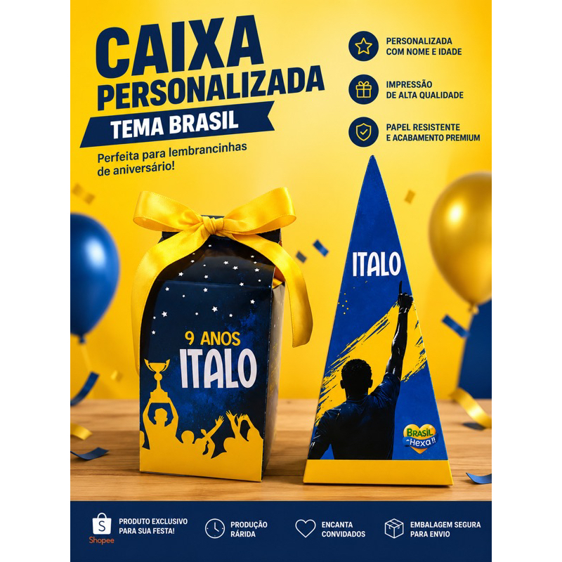 Caixinha Personalizada Brasil Futebol | Lembrancinha Festa Infantil | Caixinha personalizada | kit 10 - milk + pirâmide