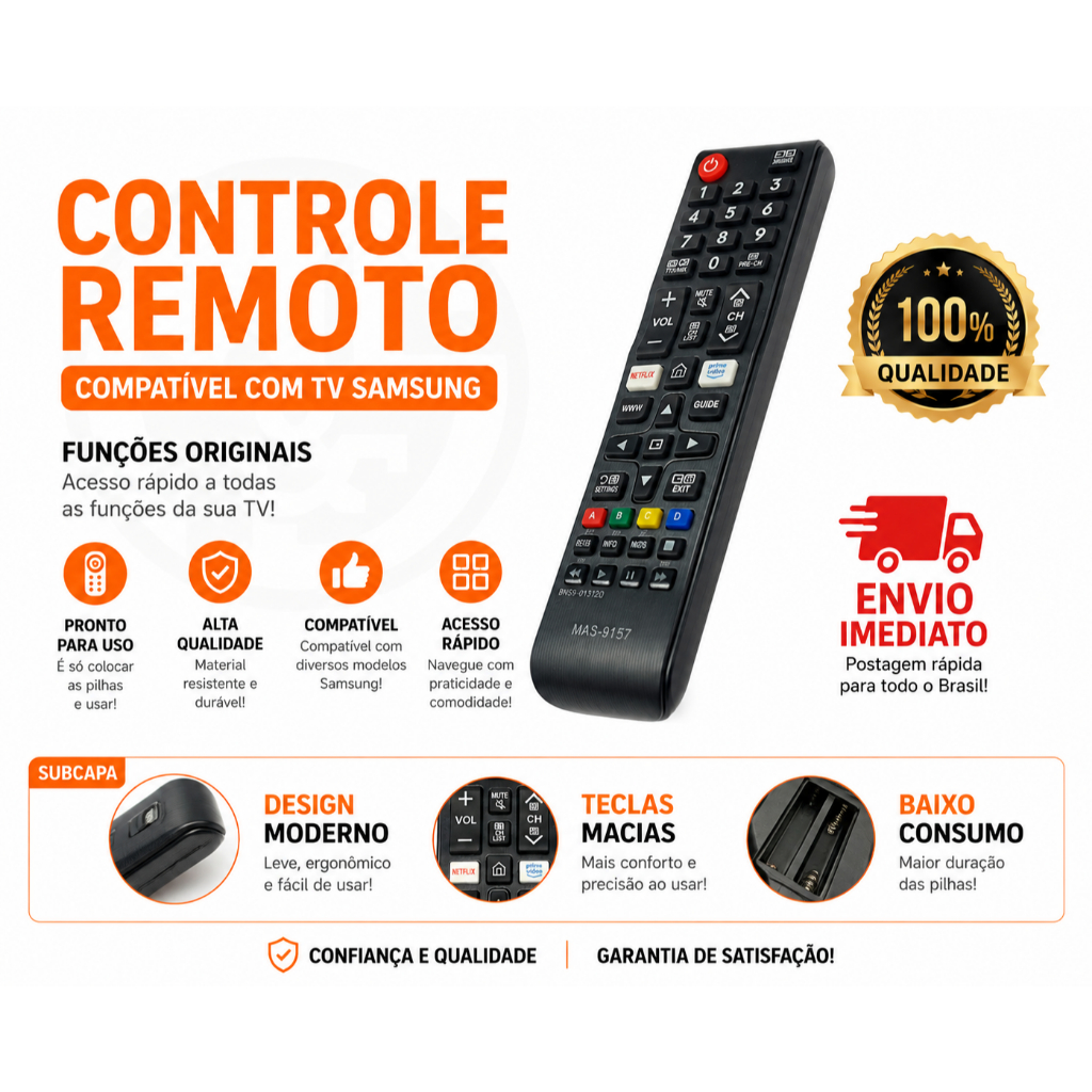 Controle Samsung Smart TV Compatível Controle Remoto LCD LED Plasma Netflix Prime BN59