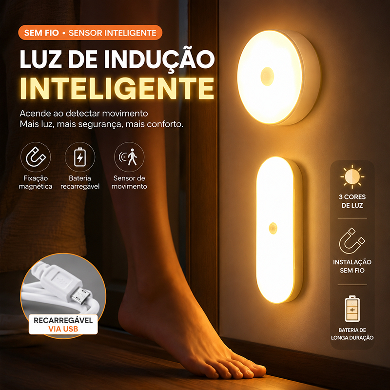 Luz Noturna LED Sensor de Movimento Recarregável Sem Fio Magnética Para Quarto Escada Armário