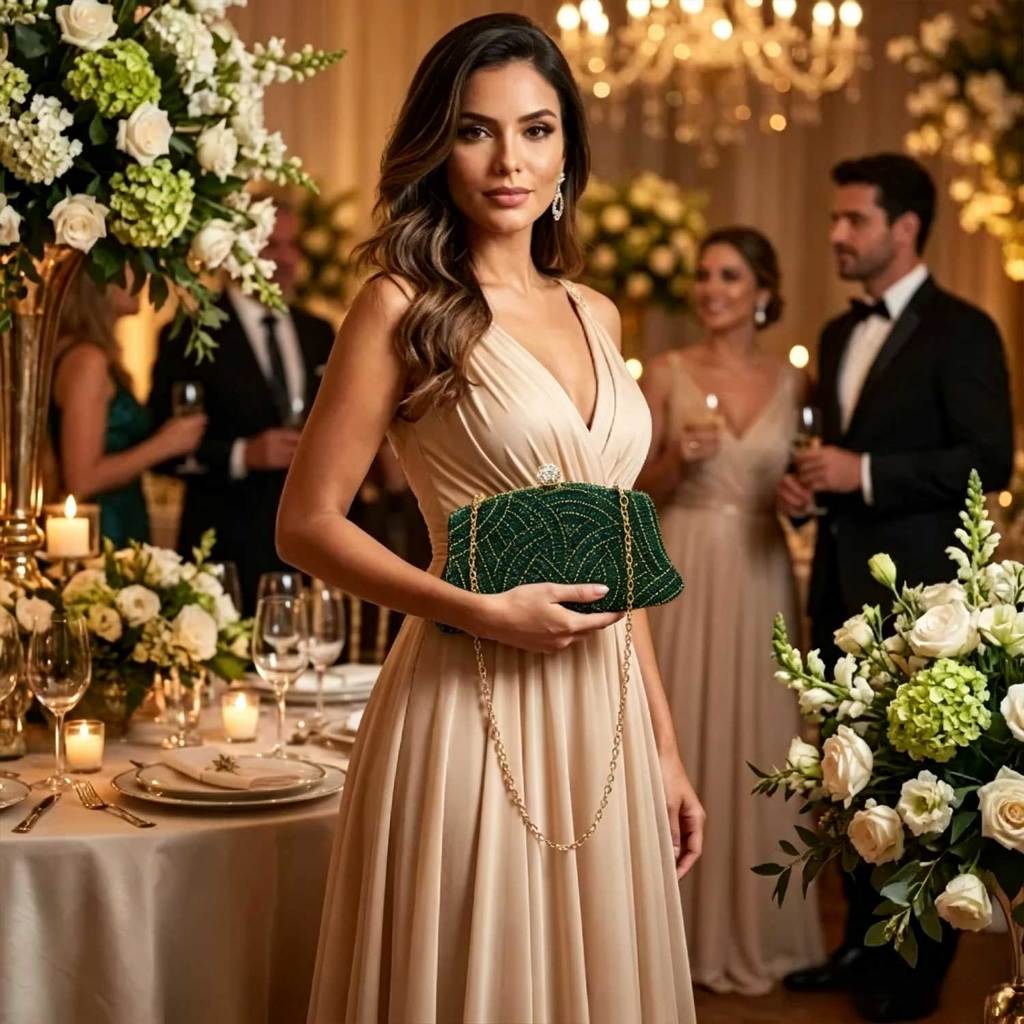 Bolsa Clutch Feminina Luxo Verde Escuro com Strass Dourado Alça Corrente Festa Noite