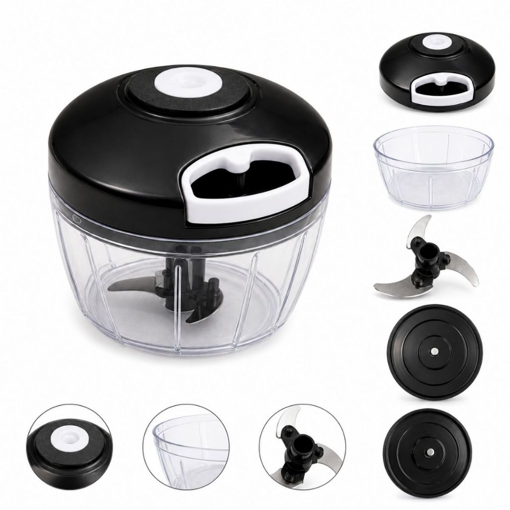 Triturador Manual de Alimentos 3 Lâminas Inox com Corda · Mini Processador de Alho, Legumes e Temperos