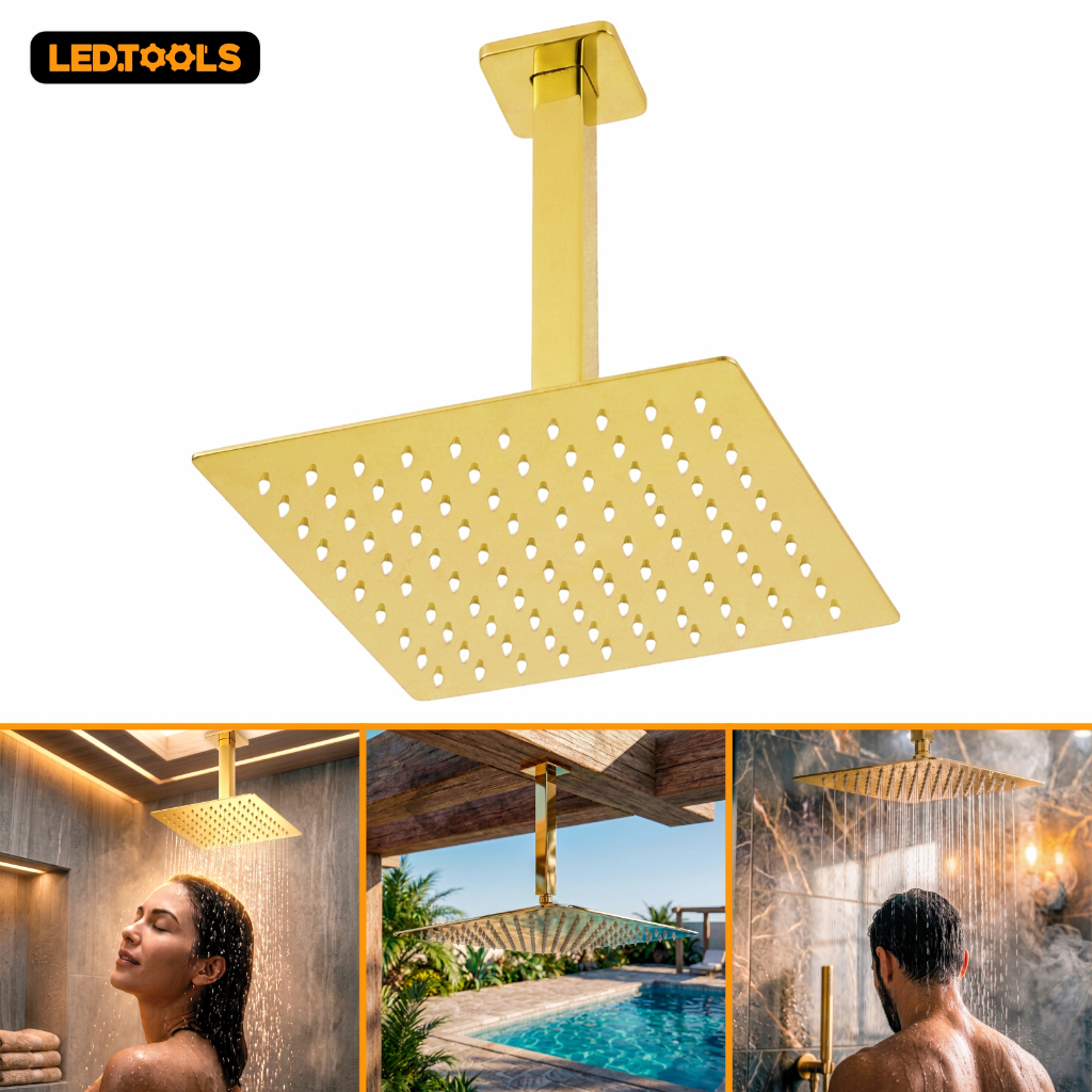 Ducha Quadrada 20x20 Inox Furos de Silicone Dourada De Teto