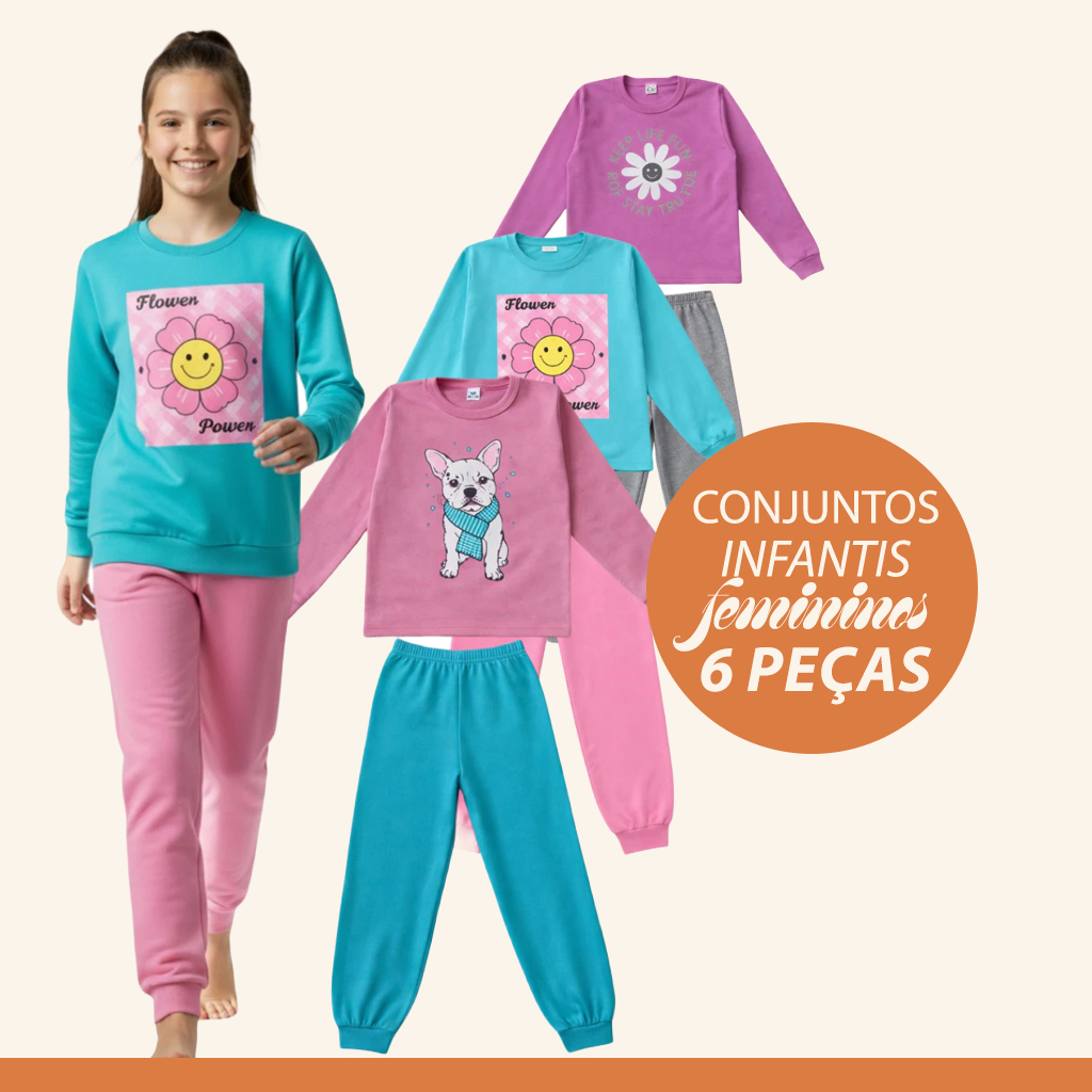 3 Moletom Infantil Menina Conjuntos 6 Peças de Inverno Quentinho 100% Algodão Confortável