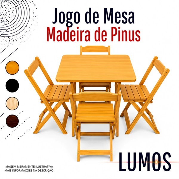 KIT JOGO DE MESA MADEIRA DOBRÁVEL COM 4 CADEIRAS - BAR RESTAURANTE ÁREA GOURMET - MEL