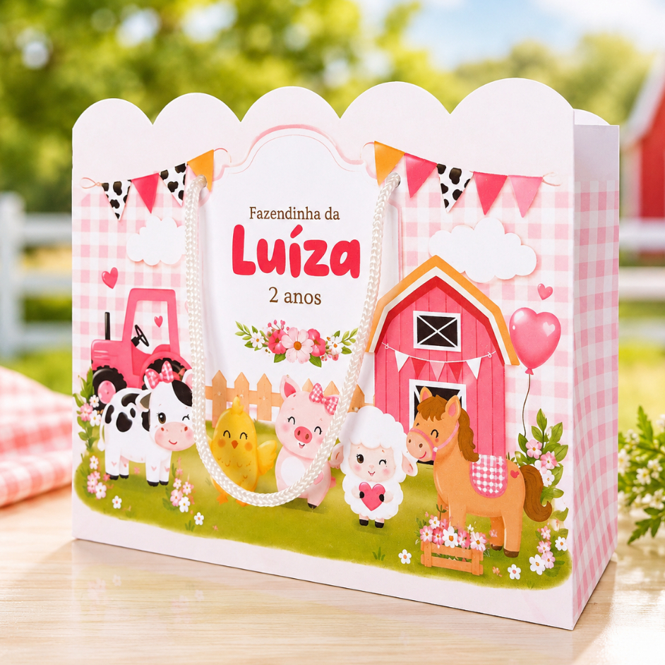 Kit Sacolinha Personalizada Fazendinha Rosa – Para Montar- Lembrancinha  Menina 20x15x5cm