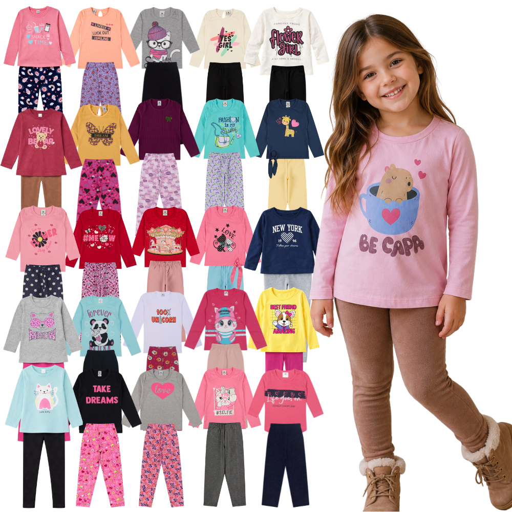 Kit 8 Peças Conjunto Meia Estação Menina do Tamanho 1 a 10 Anos | Blusa + Calça Legging Infantil | Envio Sortido