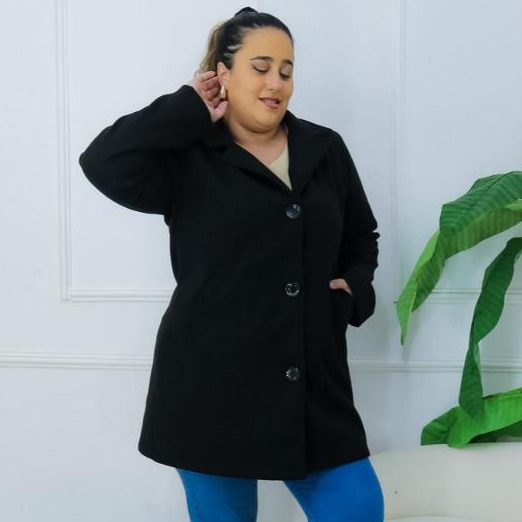 Casaco Feminino Plus Size Lã Batida | Casaco Elegante Com Botões e Bolso.