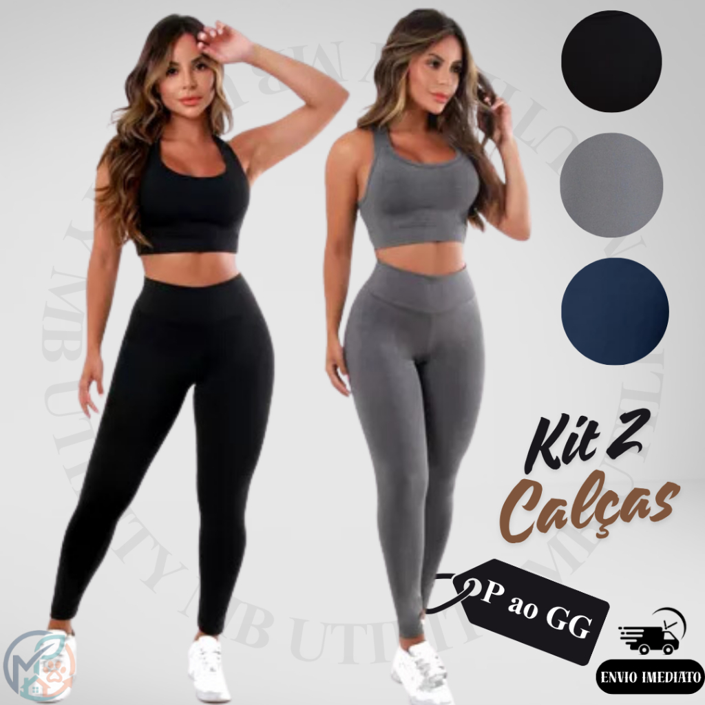 Kit 2 Calças Legging Suplex Feminina Fitness Cós Alto