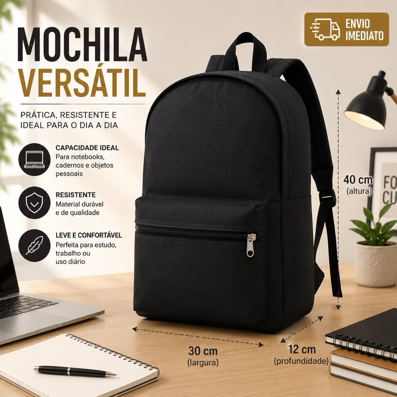 Mochila Juvenil Masculina 16 Polegadas Preta | Moderna | Leve e Funcional