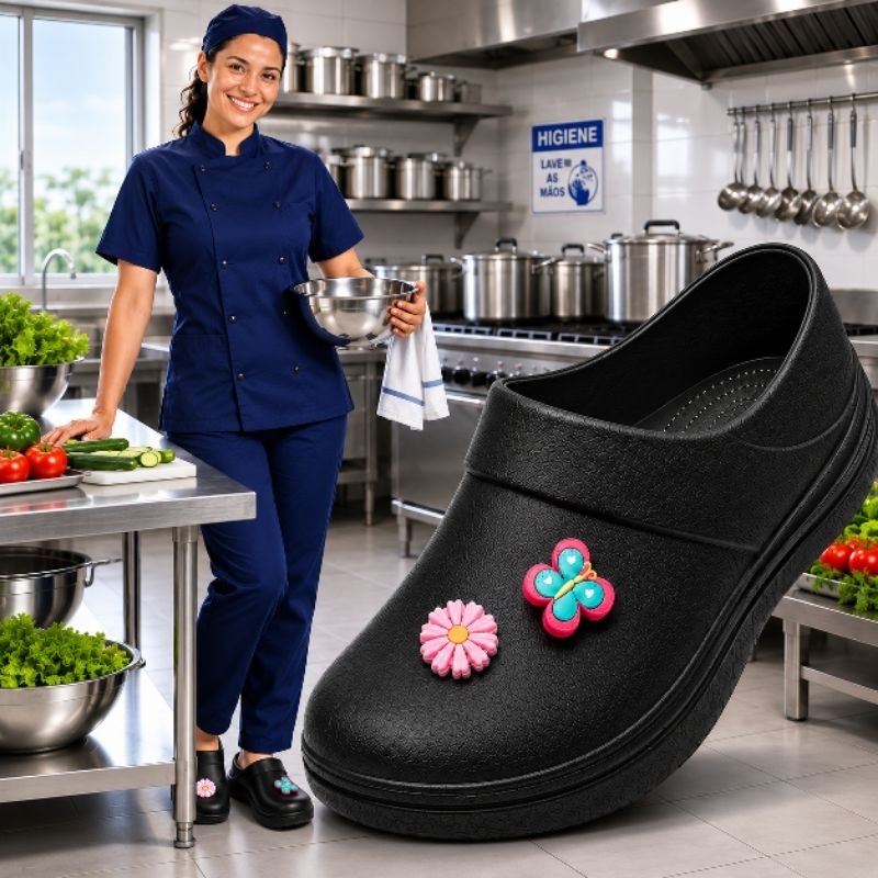 Sapato Fechado EPI Yvate Eva Serviço Geral Diarista Cozinheira Profissional Antiderrapante Leve (NR-32 Flores)