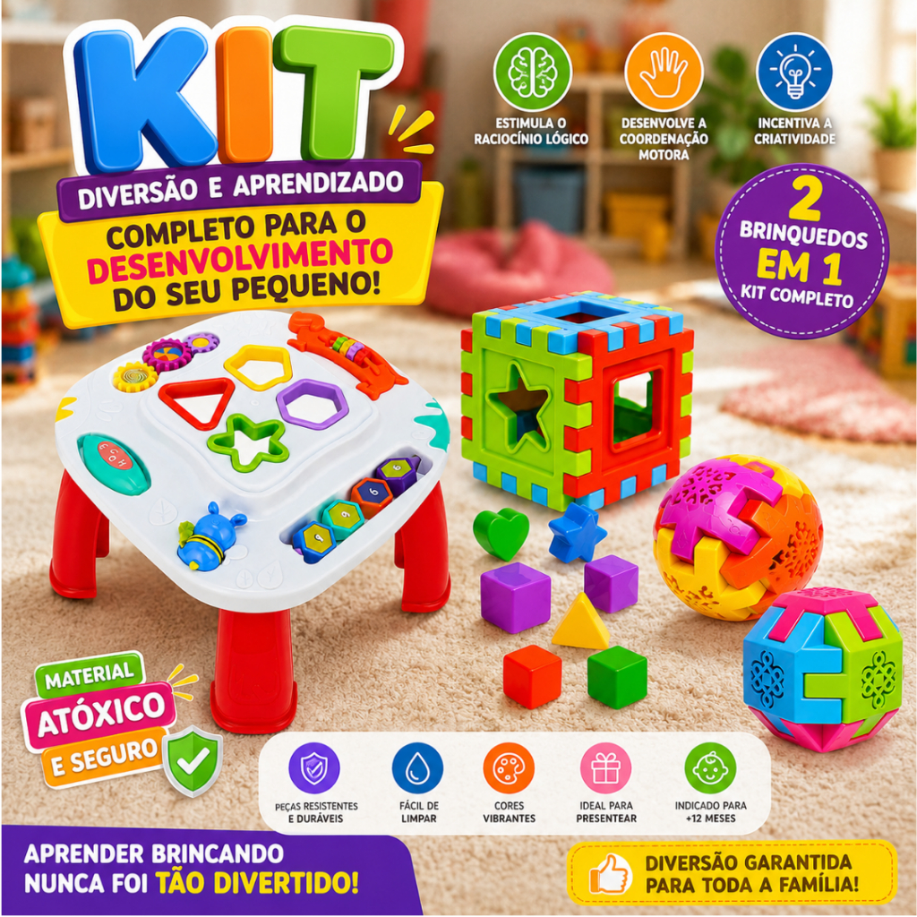 Kit 2 em 1 Mesinha Didática Infantil + Cubo de Encaixe Brinquedo Educativo Coordenação Motora