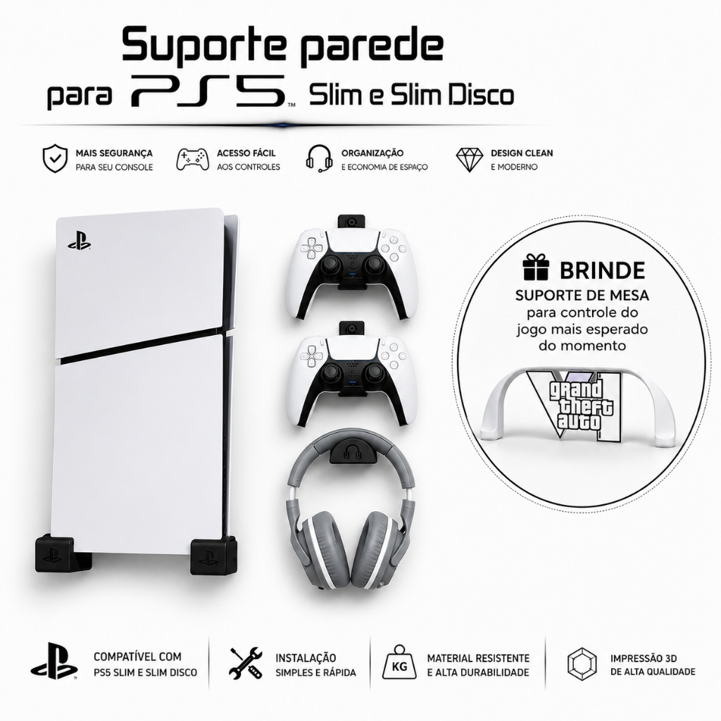 Kit PS5 Slim Digital ou Disco Suporte de parede + 2 Suportes Controle + Suporte Headset + Bucha e parafuso + Brinde