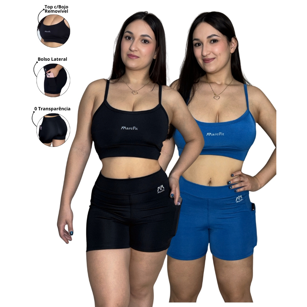 Kit 2 Conjuntos Feminino Academia Suplex Premium Bojo Removível e Short Com Bolso Zero Transparência