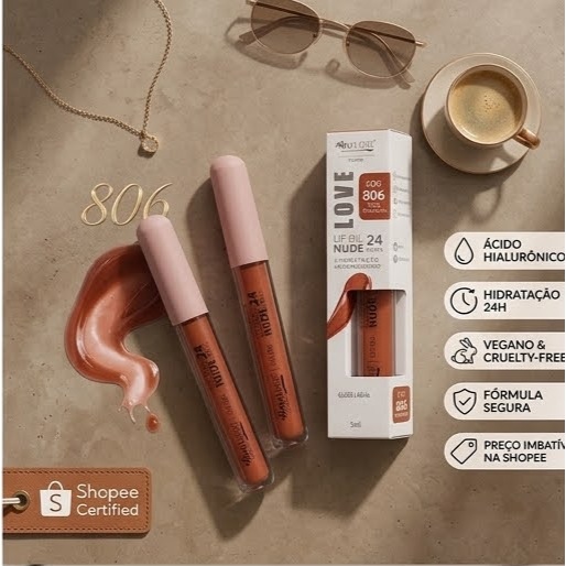 Lip Oil Nude Hidratante 24 Horas Vegano Max Love - COR 806
