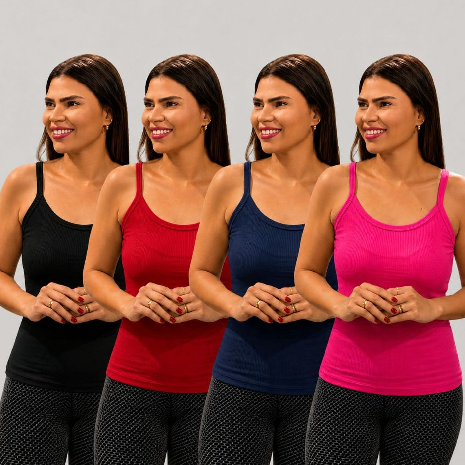 Kit 4 Regatas Femininas Canelada Ribana Alcinha Fina Blusinha Básica Verão Academia Cores Sortidas M G GG