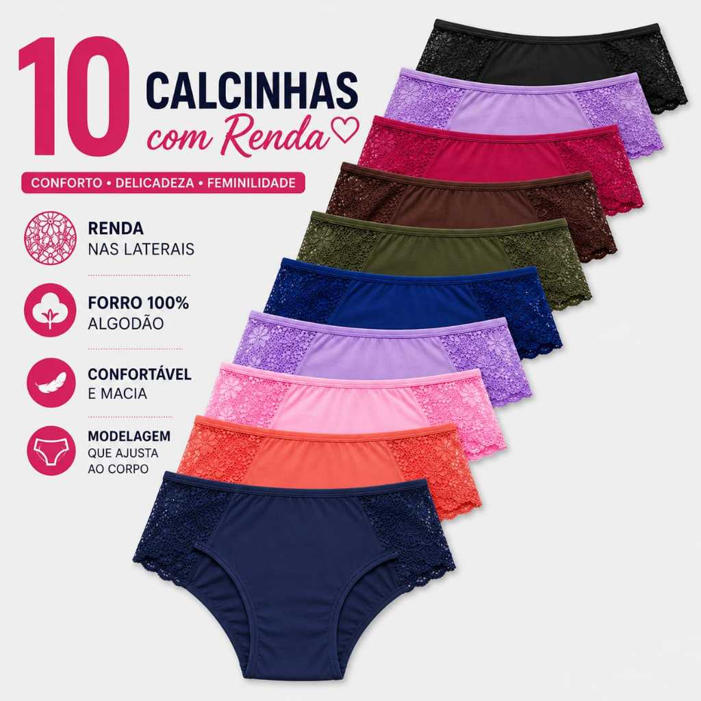 KIT DE 3, 5 OU 10 CALCINHAS DE LYCRA E RENDA COM NAS LATERAIS CORES SORTIDAS