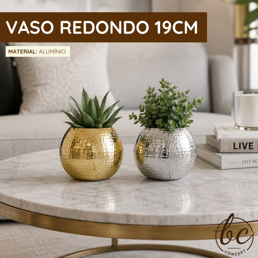 Vaso Redondo Cachepot Decorativo Alumínio Dourado Prata Casa Mesa Aparador Mesa Moderno