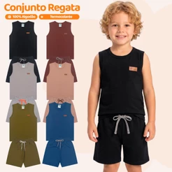 Kit 2 Conjuntos Regatas Monocromático Infantil Menino Básica Lisa Camiseta Masculino Verão Algodão Roupa de Calor