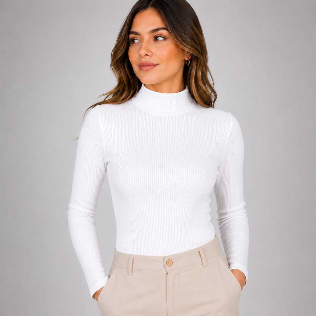 Blusa Feminina Cacharrel Manga Longa Confortável Elegante Gola Alta Canelada Casual Versátil Prática