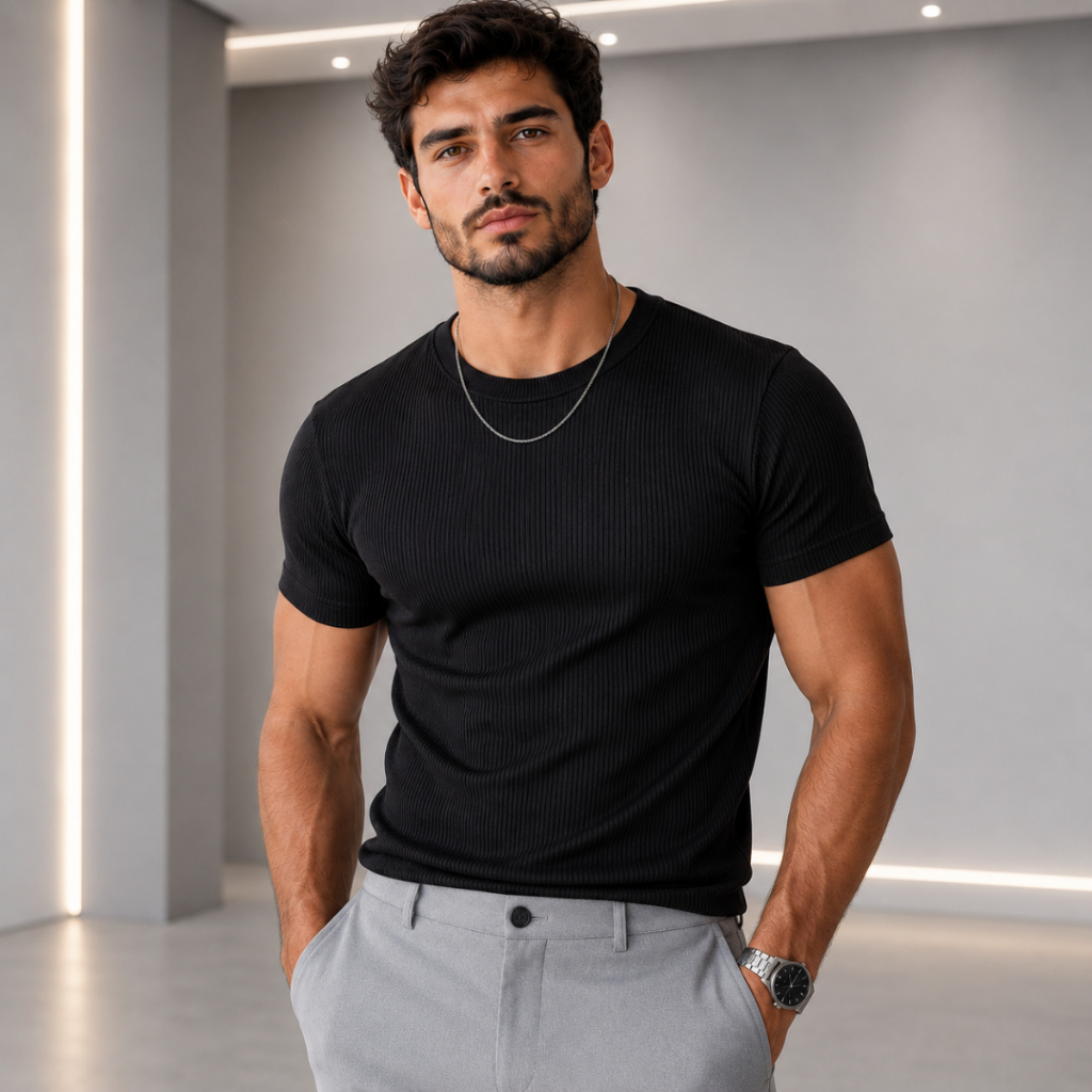 Camiseta Masculina Canelada Básica Slim Fit Estilo Americano Justa ao Corpo Premium