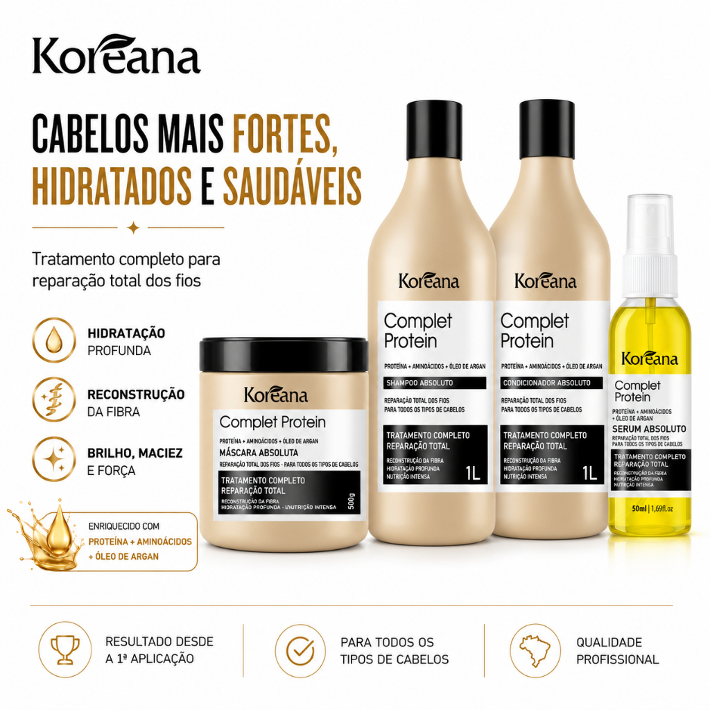 Kit Completo Protein Koreana Shampoo 1L Condicionador 1L Máscara 500g Hidratação e Reconstrução