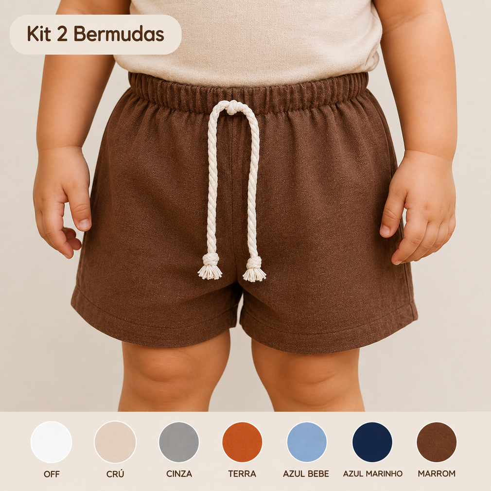 Kit 2 bermudas mauricinho em linho infantil 1,2,4 e 6 anos