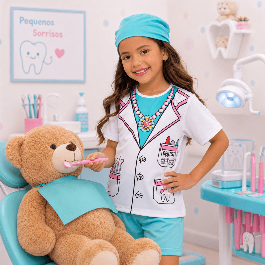 Fantasia Dentista Infantil Menina Doutora Odonto Doc Profissão Criança Férias + Brinde Envio Imediato