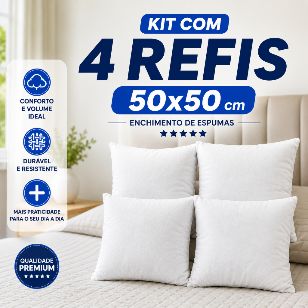 Kit 4 Enchimento Refil Almofada 50x50 cm Fibra Siliconada Firme
