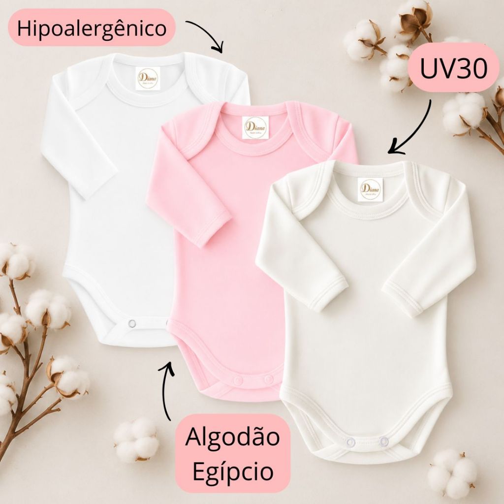 Kit 3 Bodies Longo Bebê Algodão Egípcio Premium UV30 Hipoalergênico