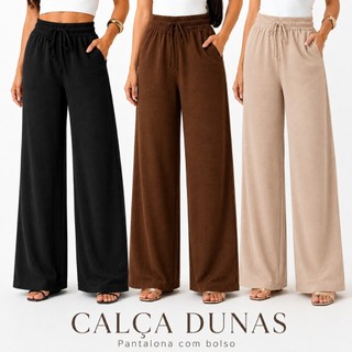 Calça Pantalona Duna Premium Feminina Elástico Cós Largo E Bolso Cintura Alta Elegante Wide Leg