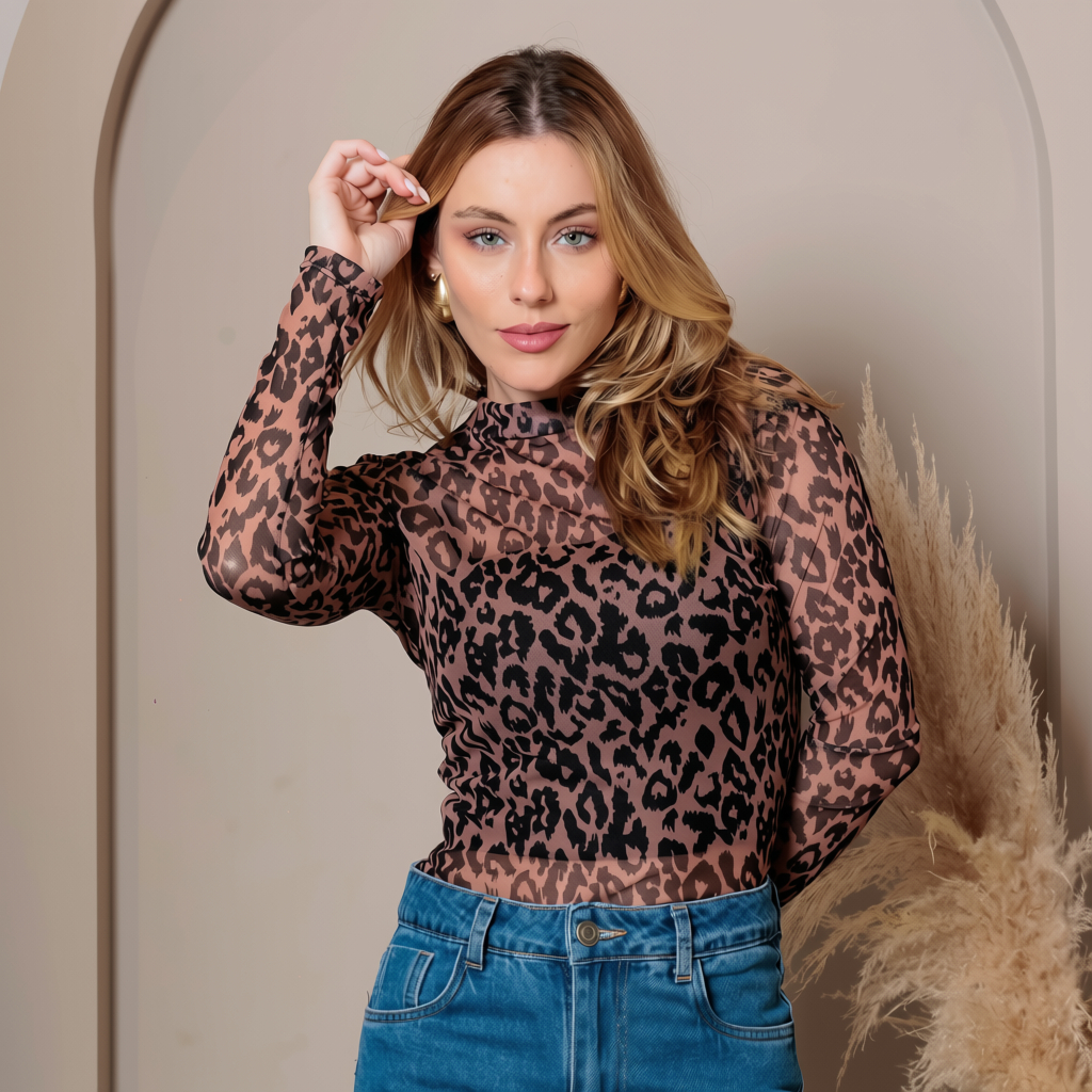 Blusa De Tule Feminina Manga Longa Animal Print Moda Versátil E Leve