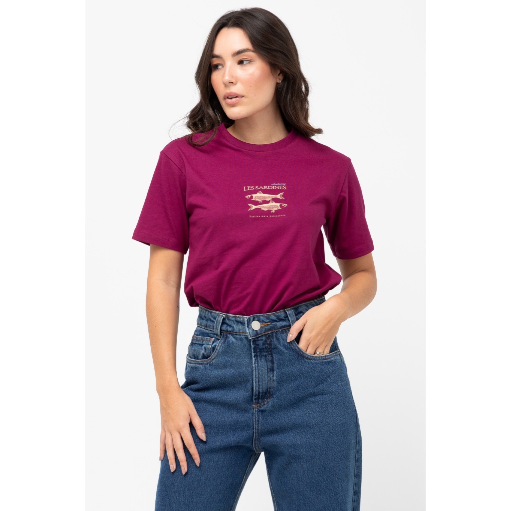 Camiseta Feminina Casual 100% Algodão Less Sardines Confortável Estampada Básica Lançamento Promoção