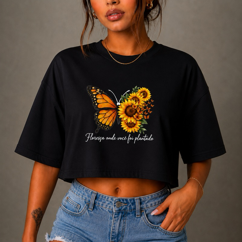 Cropped Oversized Feminino Estampado 100% Algodão Camiseta Soltinha Streetwear Casual Girassol Exclusiva Promoção