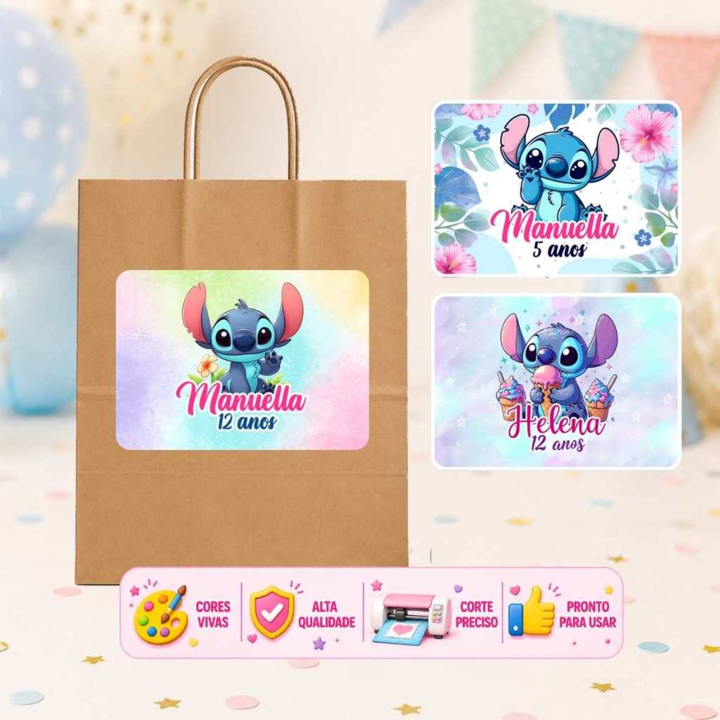 Adesivo Rótulo Personalizado Aniversário para Maletinha Acrílica Sacolinha Caixinha | Stitch Cute