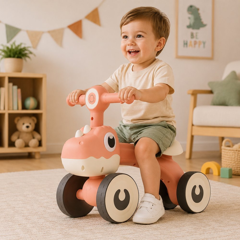 Bicicleta De Equilíbrio Infantil Balance Bike Dino 4 Rodas Com Luz Até 25kg Marrom ou verde Primeira Bike Bebê Educativa