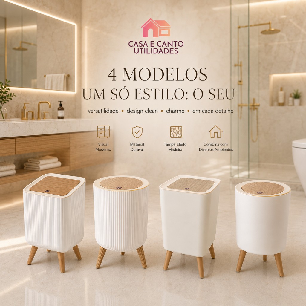 Lixeira De Plástico 9 Litros Branca Com Pés e Tampa Click De Pressão Cozinha Banheiro
