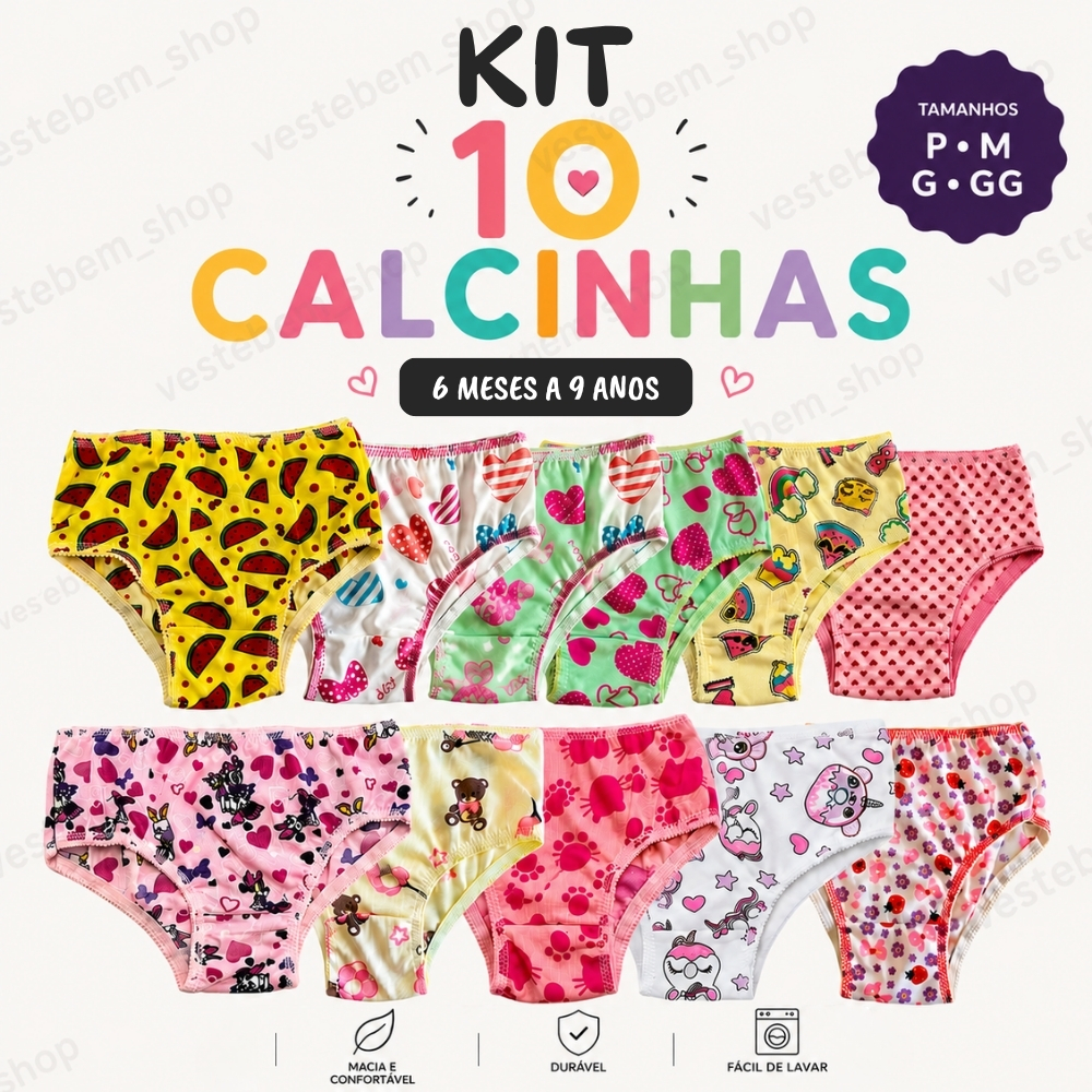 Kit 10 Calcinhas infantil Estampadas Malha Fria forro 100% Algodão 0 a 9 anos Confortaveis