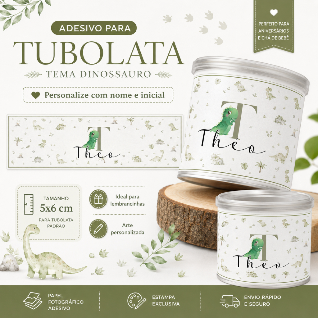 Adesivo Tubolata 5x6 Personalizado Dinossauro baby com Nome Inicial Lembrancinha Festa Infantil