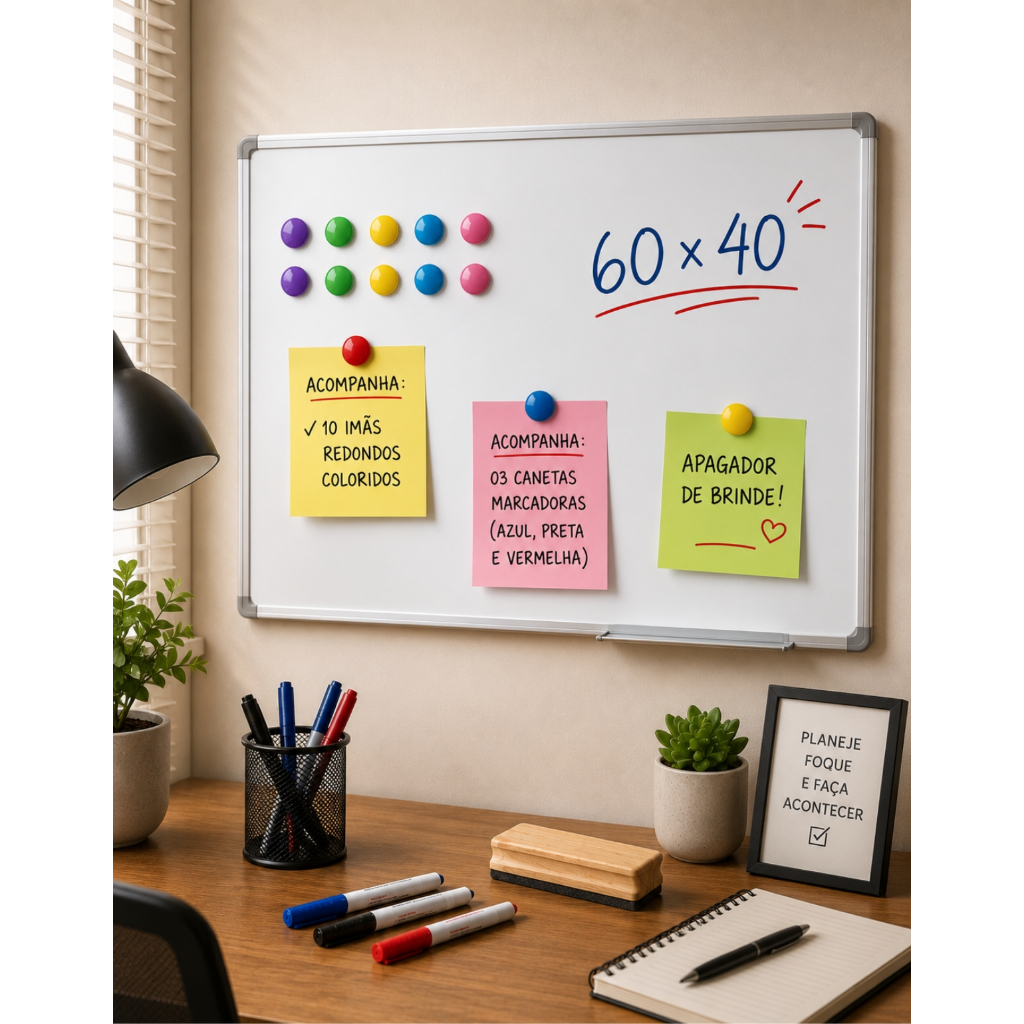 Kit Lousa Quadro Branco Magnético Alumínio 60x40 Apagador 3 Canetas 10 Imãs 2 Parafusos