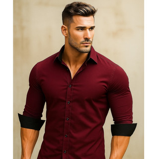 Camisa Masculina Slim Fit Luxo Detalhe Interno gola e punho