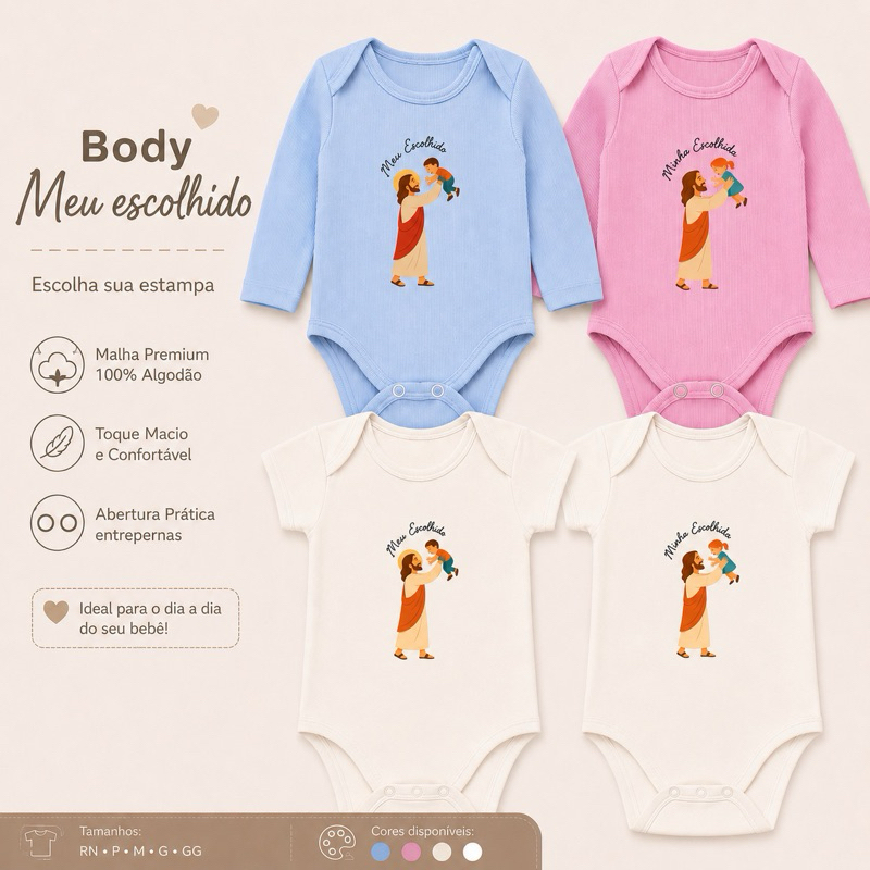 Body Bebê Canelado Meu Escolhido/Escolhida Estampa Bíblica Jesus 100% Algodão