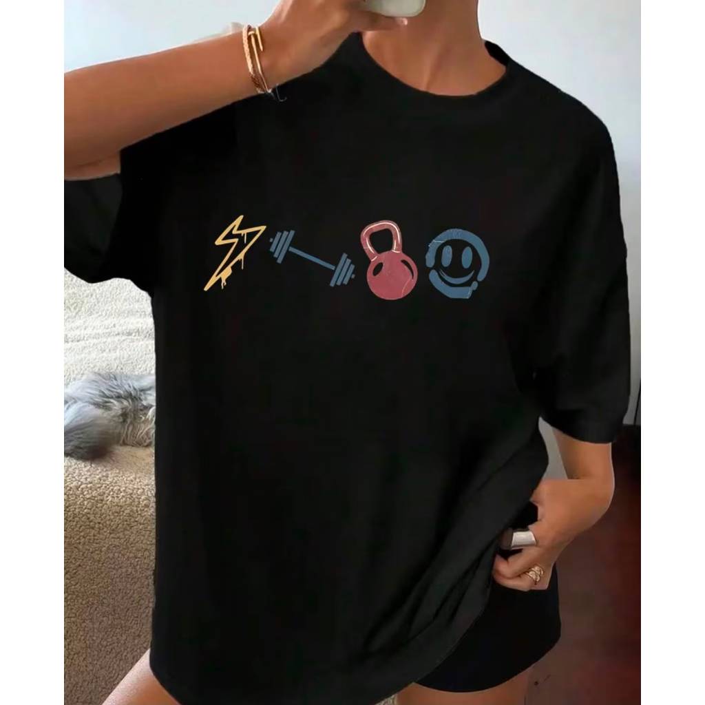 Blusa Feminina Academia Fitness Estampa Lift Heavy Be Happy  Camiseta Oversized Verão Manga Curta Treino Musculação