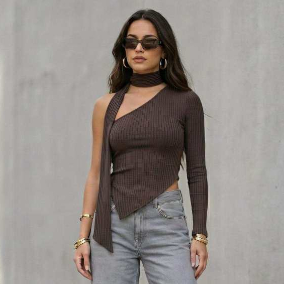 Blusa Feminina Um Ombro Só Chocker Assimétrica Manga Longa Básica Elegante Estilosa RIBANA CANELADA