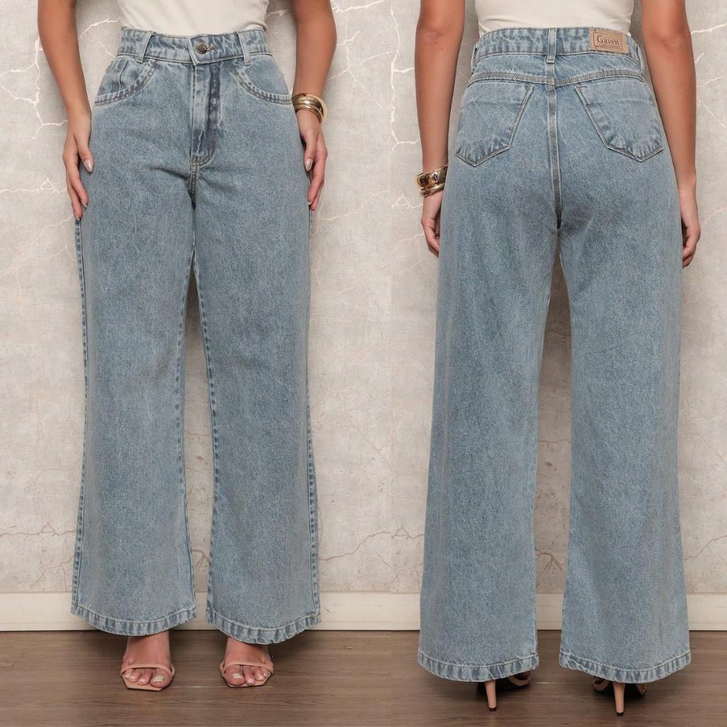 Calça Jeans Feminina Wide Leg 100% Jeans Feminina Tecido Grosso Premium Boca Larga Reta Verão Cos Alto Carnaval