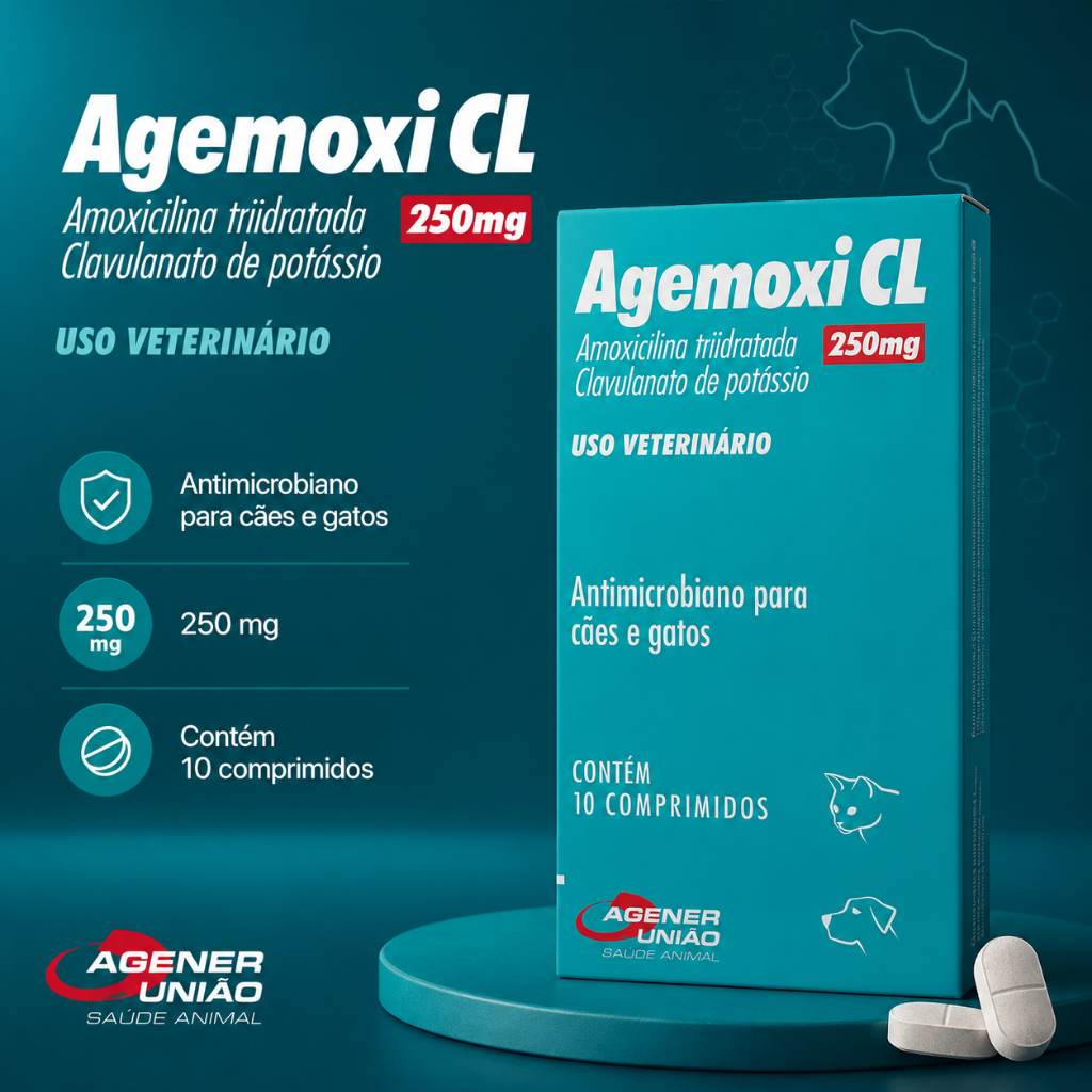 Agemoxi CL 250mg Agener União 10 Comprimidos Antimicrobiano para Cães e Gatos Amoxicilina + Clavulanato de Potássio