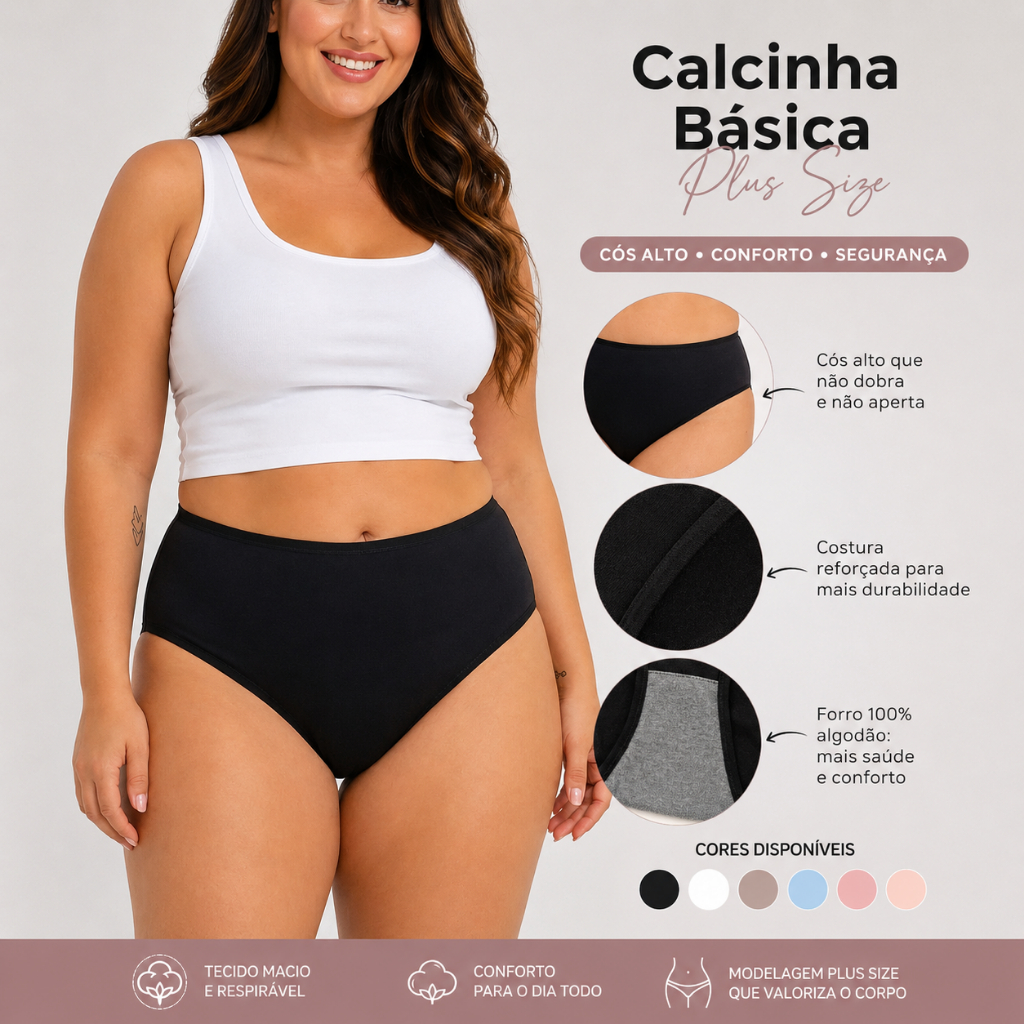 Kit de 10 Calcinhas Plus size Maria 100% Algodão Cintura Alta Não Enrola